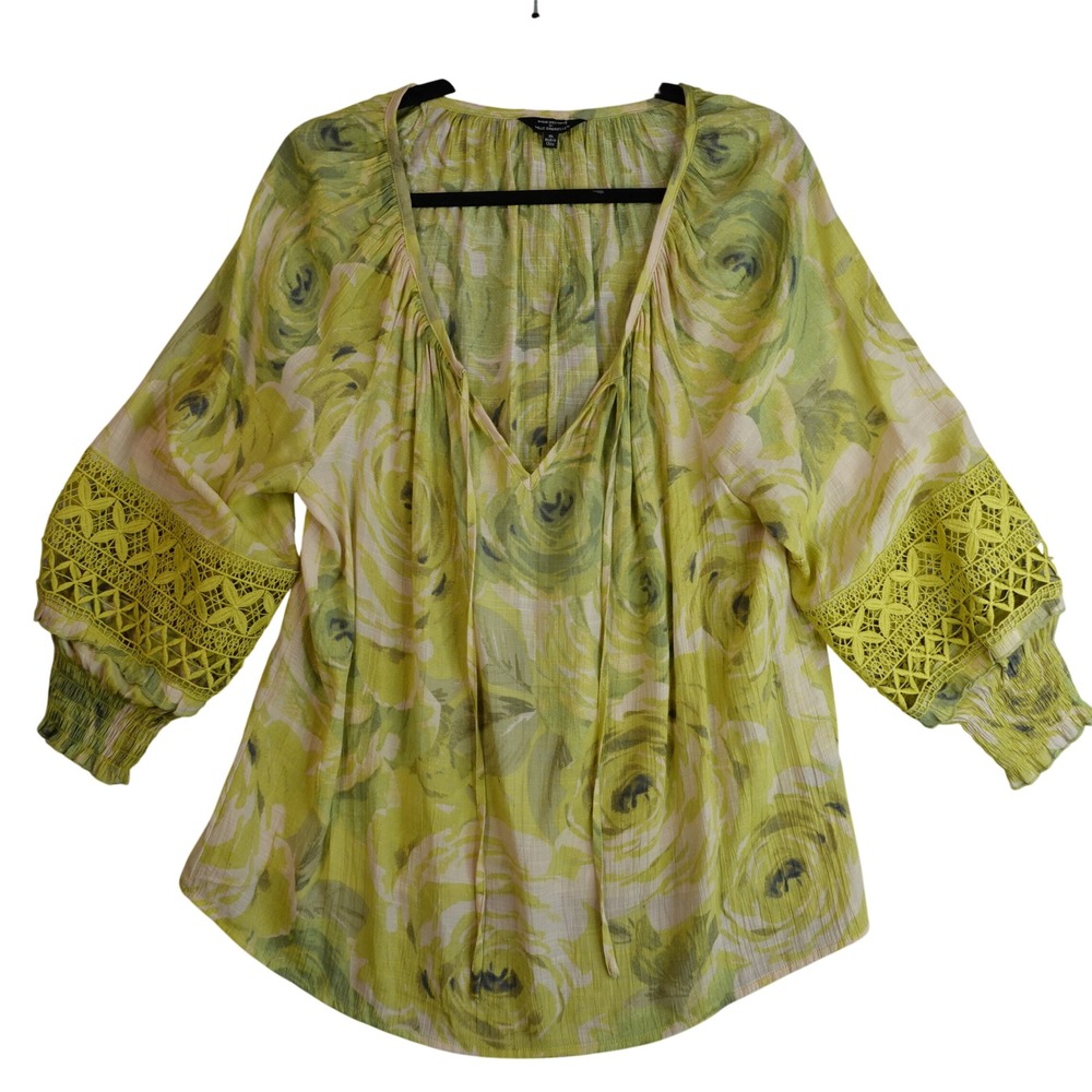 Mlle Gabrielle Peasant Top Womens XL Green Floral Crochet Sleeve Boho Romantic